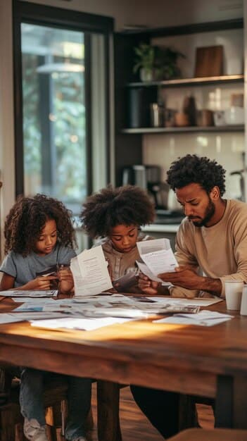 A diverse family looking at financial documents together at a table, with a sense of collaboration and planning.
