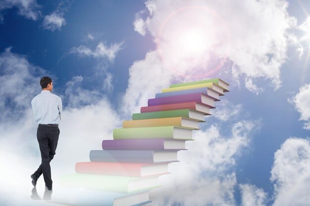 A person climbing a staircase made of books, symbolizing the journey of personal development and the rewards at the top.