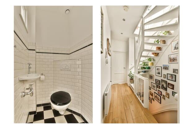 A split image showcasing before-and-after shots of a bathroom renovation. On one side, the old, outdated bathroom, and on the other, the modernized, stylish bathroom.