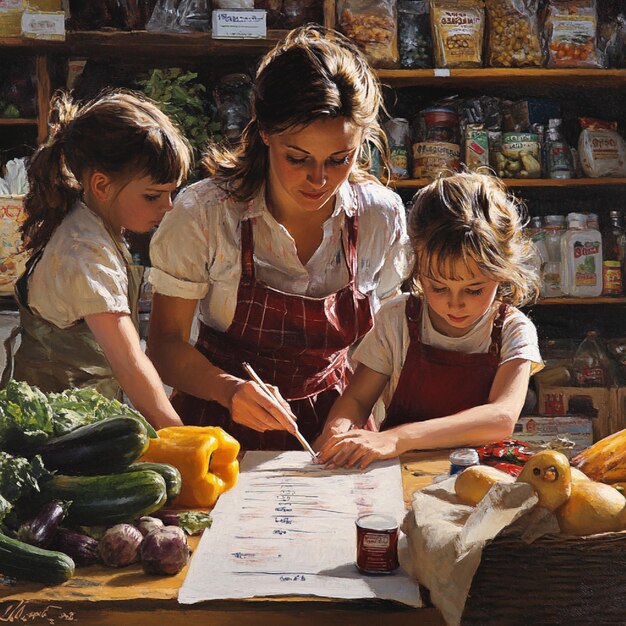 A family working together to create a meal plan for the week, using flyers from local grocery stores to compare prices and identify deals. A whiteboard displays the planned meals.