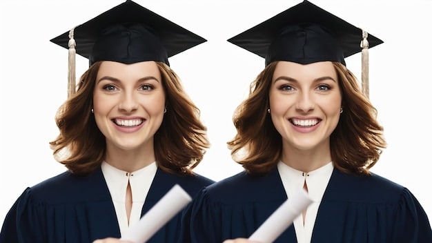 A split image showing a graduate celebrating their graduation on one side and a person looking stressed while reviewing student loan statements on the other side, illustrating the contrasting emotions related to student loans.