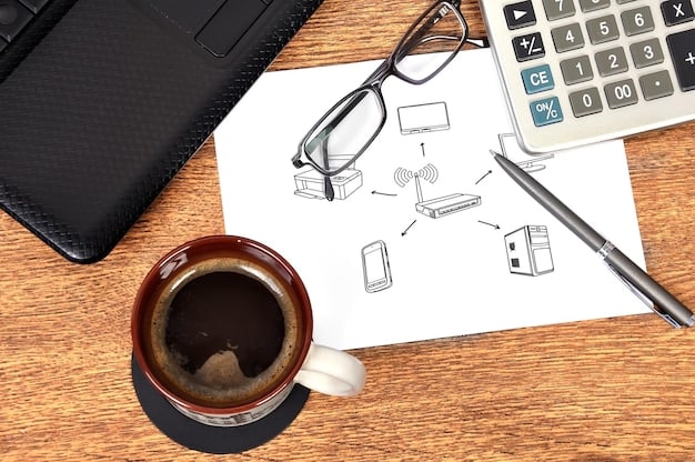 A focused person reviewing financial documents on a desk with a laptop, calculator, and a cup of tea. The documents appear to be tax-related, with line items highlighted.