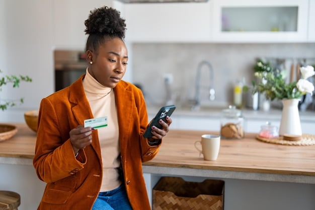 A person using a mobile banking app on their smartphone to check their credit score and manage their finances.