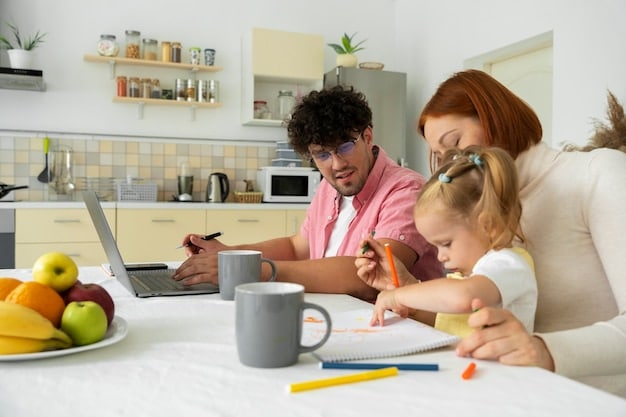 A family (parents and a college-aged child) reviewing financial documents together at a kitchen table. The scene should be warm and collaborative.