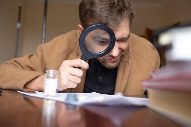 A person cautiously using a magnifying glass to examine the fine print on a scholarship application, focusing on terms related to fees and financial obligations.