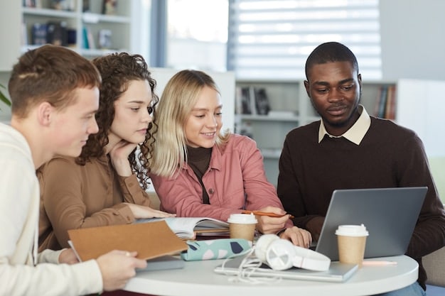A diverse group of students sitting around a table, reviewing financial aid documents and discussing their loan options, with laptops and coffee cups scattered around.