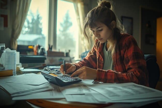 A student sitting at a desk, using a calculator and spreadsheet to budget for college expenses. The scene should depict a detailed and thoughtful approach to financial planning.
