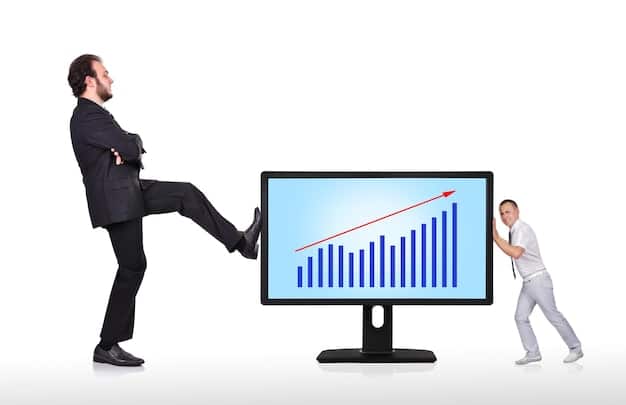 A person using a computer with a graph displayed on the screen showing an upward trend in tax credits. The background includes a bookshelf and office supplies, symbolizing tax planning and financial strategy.