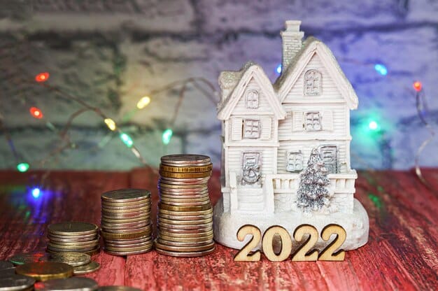A stack of coins growing taller, symbolizing retirement savings, with a miniature house on top, representing homeownership in retirement. A calendar in the background is marked for the year 2025.