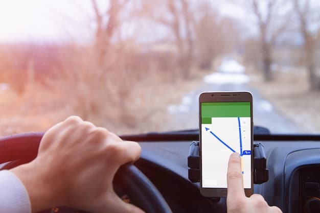 A person using a smartphone app to track their business mileage while driving. The app shows detailed trip information.