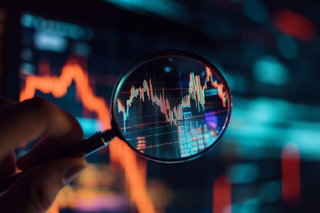 A close-up of a hand holding a magnifying glass over a stock market chart, with various colored lines representing different investment options. The background is blurred, highlighting the focus on analysis and understanding market trends.