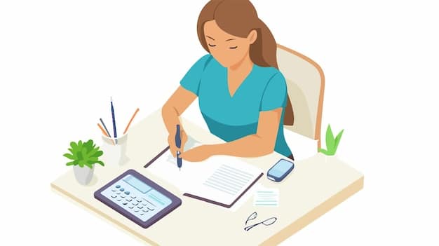 A person organizing bills and financial statements on a desk, using a calculator and a notepad to track debt balances and interest rates. The scene is brightly lit and focused on the details of financial assessment.