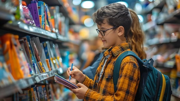 A person shopping for textbooks and school supplies at a campus bookstore. The focus is on the variety of materials available and the cost associated with them.