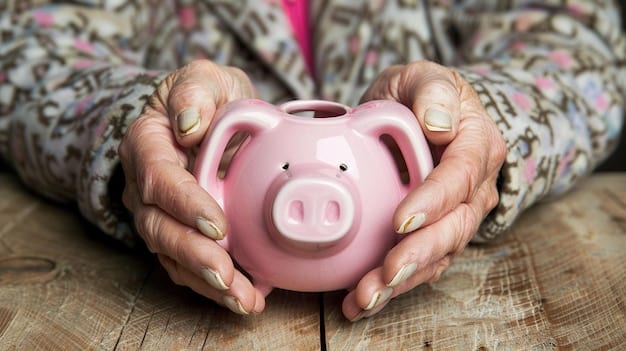 A close-up shot of a hand placing money into a piggy bank labeled 