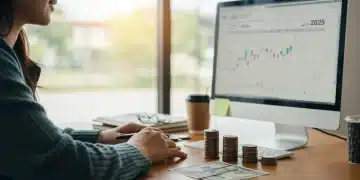 Confident individual reviewing debt reduction plan for 2025 on a laptop.