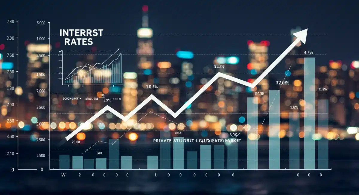 Financial graph depicting rising interest rates, economic fluctuations, and their impact on private student loans.