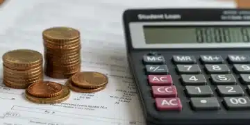 Calculator with rising numbers, coins, and student loan document representing increasing interest rates on private student loans in 2025.