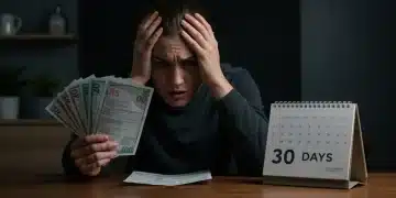 Stressed person holding bills, seeking emergency financial relief quickly