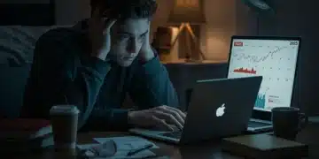 Student facing laptop with financial graphs, symbolizing student loan default urgency in 2025.