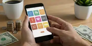 Modern smartphone displaying various budgeting app interfaces with money, symbolizing financial planning.