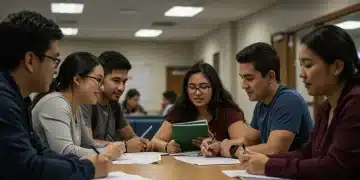 Diverse students discuss financial aid in a university setting