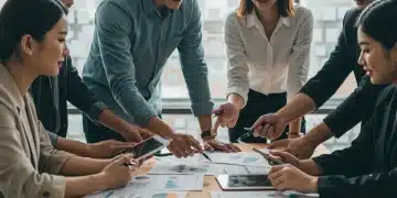 Group of young professionals collaboratively planning their financial future, aiming for early financial independence.