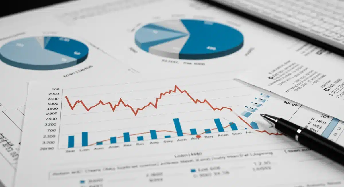 Graph showing declining interest rates with loan documents and pen