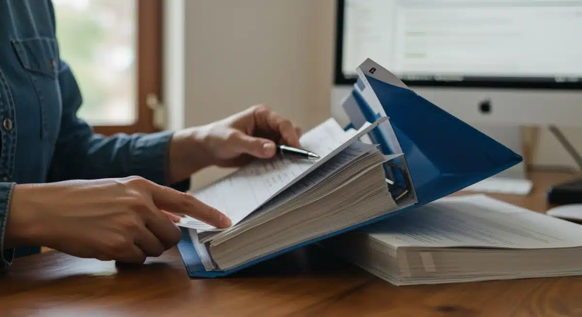 Person organizing tax documents for Q1 2025 filings
