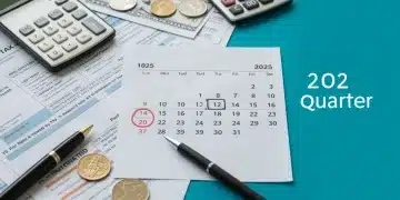 Calendar showing Q1 2025 tax deadlines with tax forms and a calculator