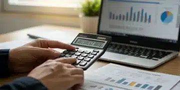 Hand holding calculator showing reduced interest rate, laptop with financial charts
