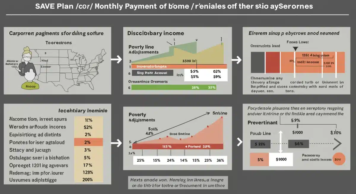 Infographic illustrating SAVE Plan monthly payment calculations and income-driven repayment benefits.