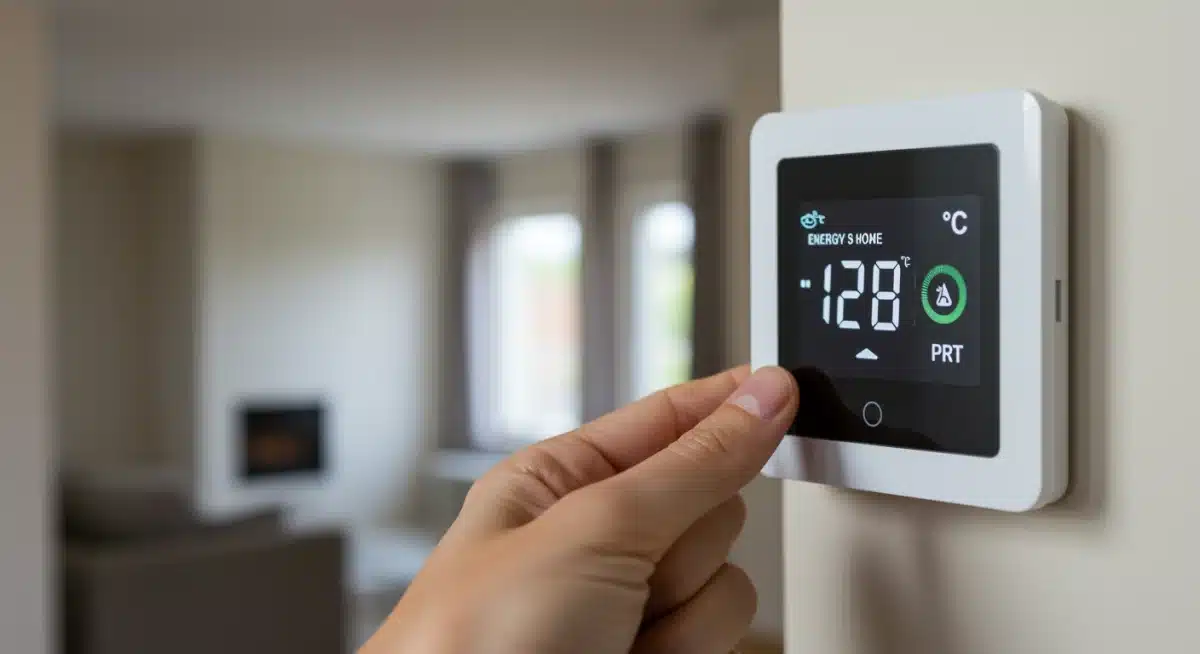 Hand adjusting a smart thermostat for energy management.