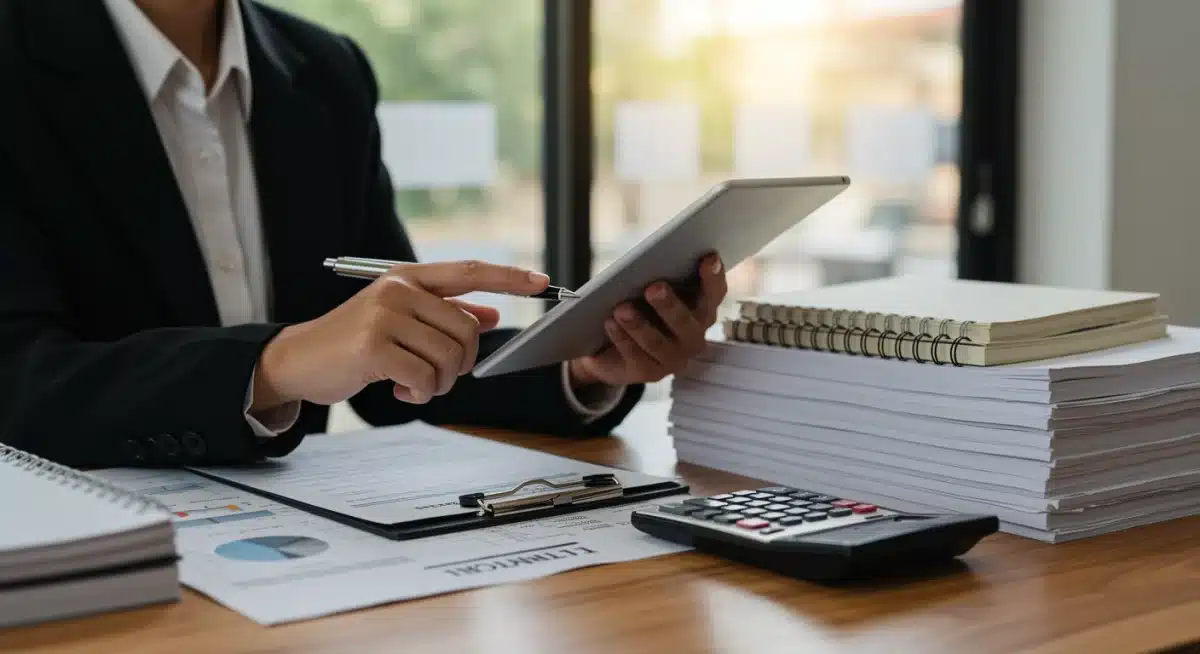 Professional reviewing tax forms on a tablet, surrounded by financial documents, symbolizing meticulous tax preparation.