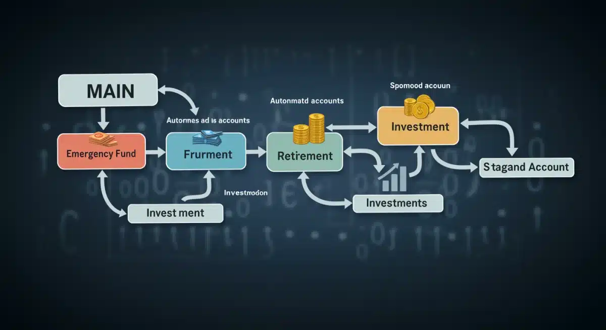 Diagram showing automated money flow into different savings and investment accounts.