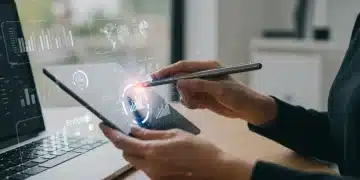 Futuristic personal budgeting app interface on a tablet, showcasing financial data and spending categories for 2026.