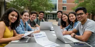 Students reviewing FAFSA forms on laptops, symbolizing financial aid application