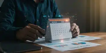 Person reviewing 2026 financial documents on a holographic screen with a calendar highlighting March.