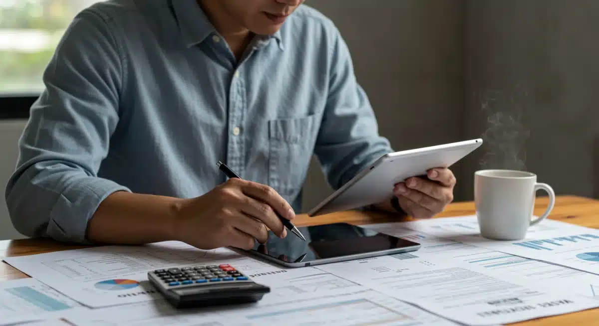 Individual analyzing investment portfolio for tax loss harvesting, focusing on financial documents and a tablet.