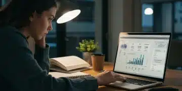 Student reviews loan data on laptop, concerned about 2026 default