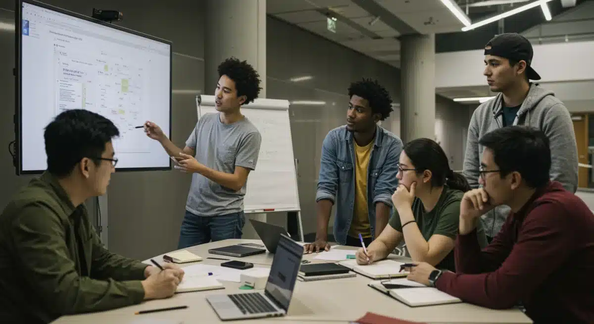 Students collaborating on a project in a university setting