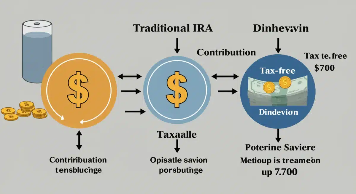 Infographic showing tax flow and benefits of Traditional vs. Roth IRA contributions