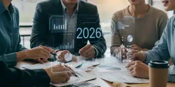 Group collaboratively planning 2026 financial future with holographic charts