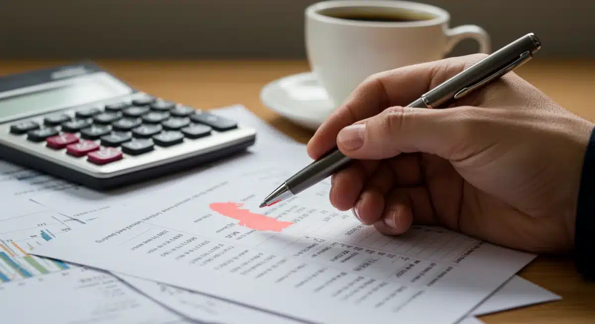 Hand analyzing interest rates on a financial statement, emphasizing careful financial planning.