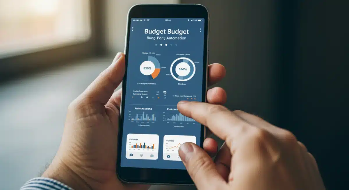 Smartphone displaying a modern budget automation app with expense tracking and savings projections.