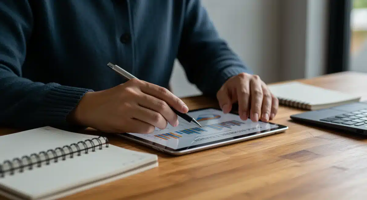 Person meticulously organizing budget on tablet in modern home office