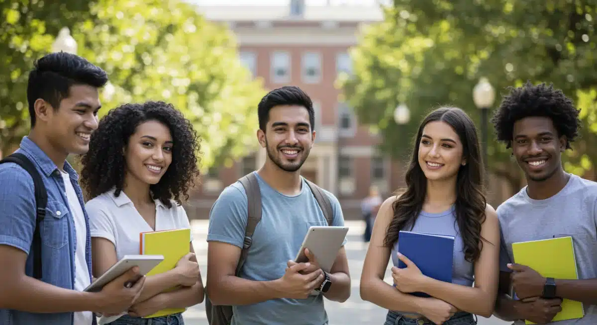 Diverse college students discussing financial aid on campus, representing access to higher education through FAFSA changes