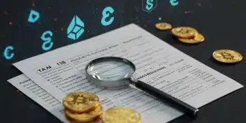Futuristic digital ledger with cryptocurrency symbols and 2026 tax regulations
