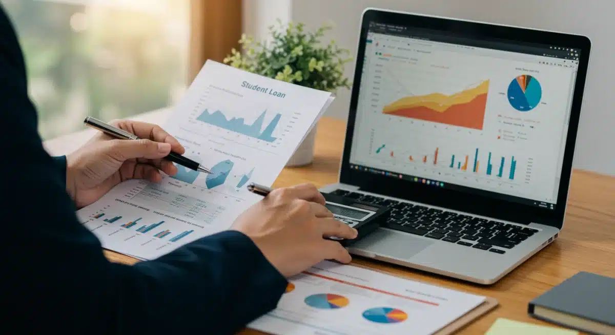 Person calculating student loan payments with a calculator and financial documents