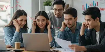 Young adults happily reviewing student loan refinancing options on a laptop in a modern setting.