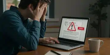 Young person worried about student loan scam email with red warning sign
